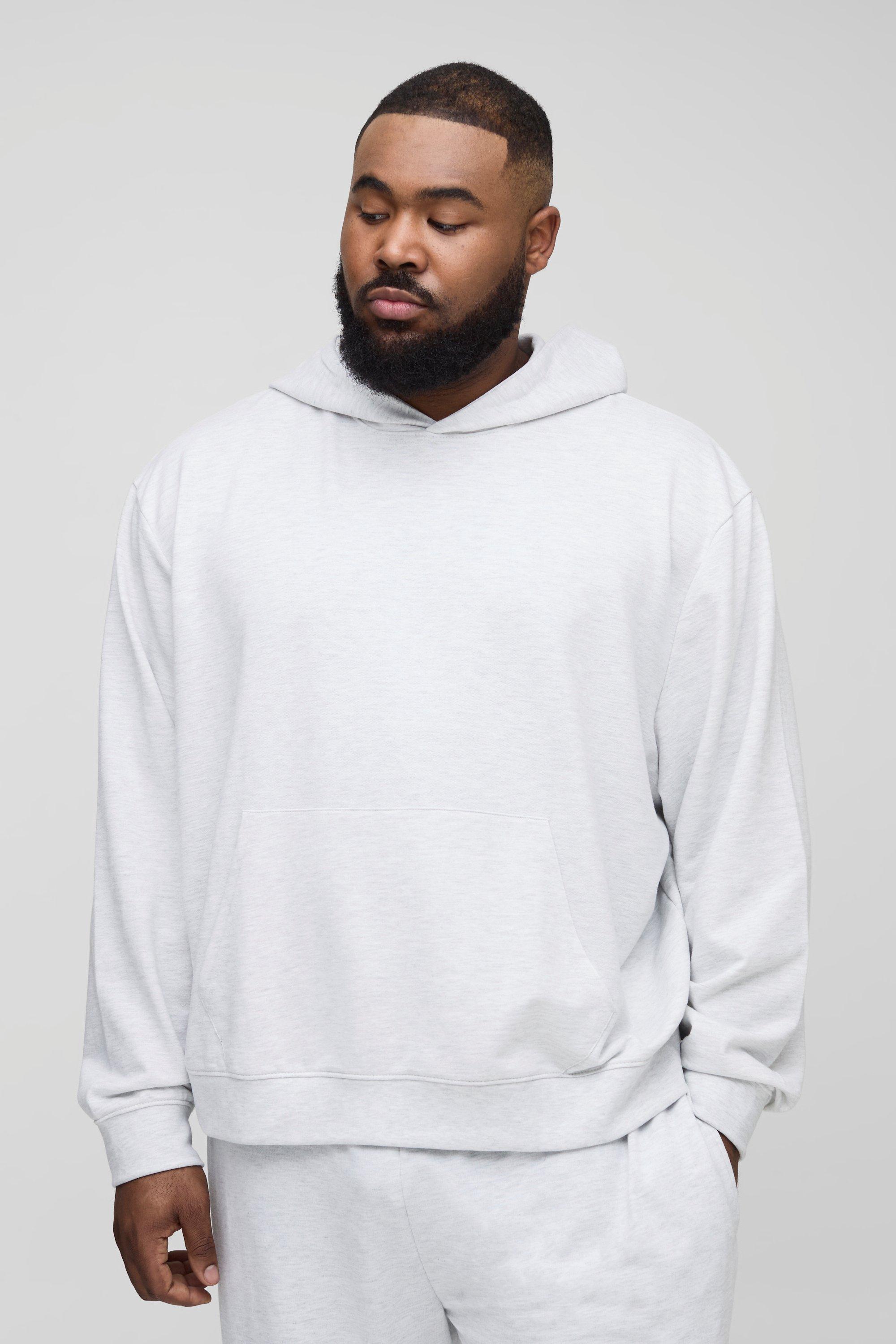 Mens Grey Plus 260GSM Loopback Boxy Oversized Fit Basic Hoodie, Grey